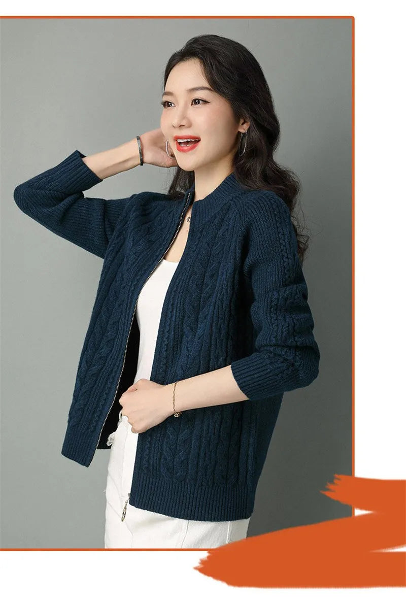 Half High Collar Zipper Knitted Cardigan Jacket for Women