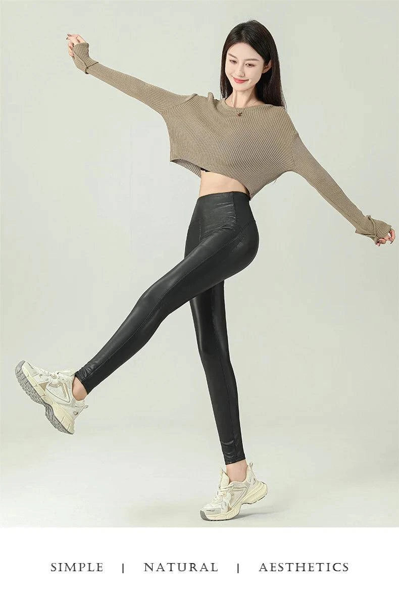 Fall Winter High-Grade Fleece PU Leather Leggings