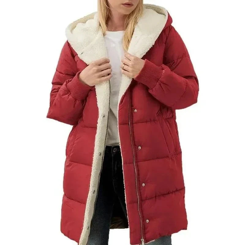 Women's hooded slim-fit red velvet fleece parka, cotton-padded with full-length zipper and practical pockets.