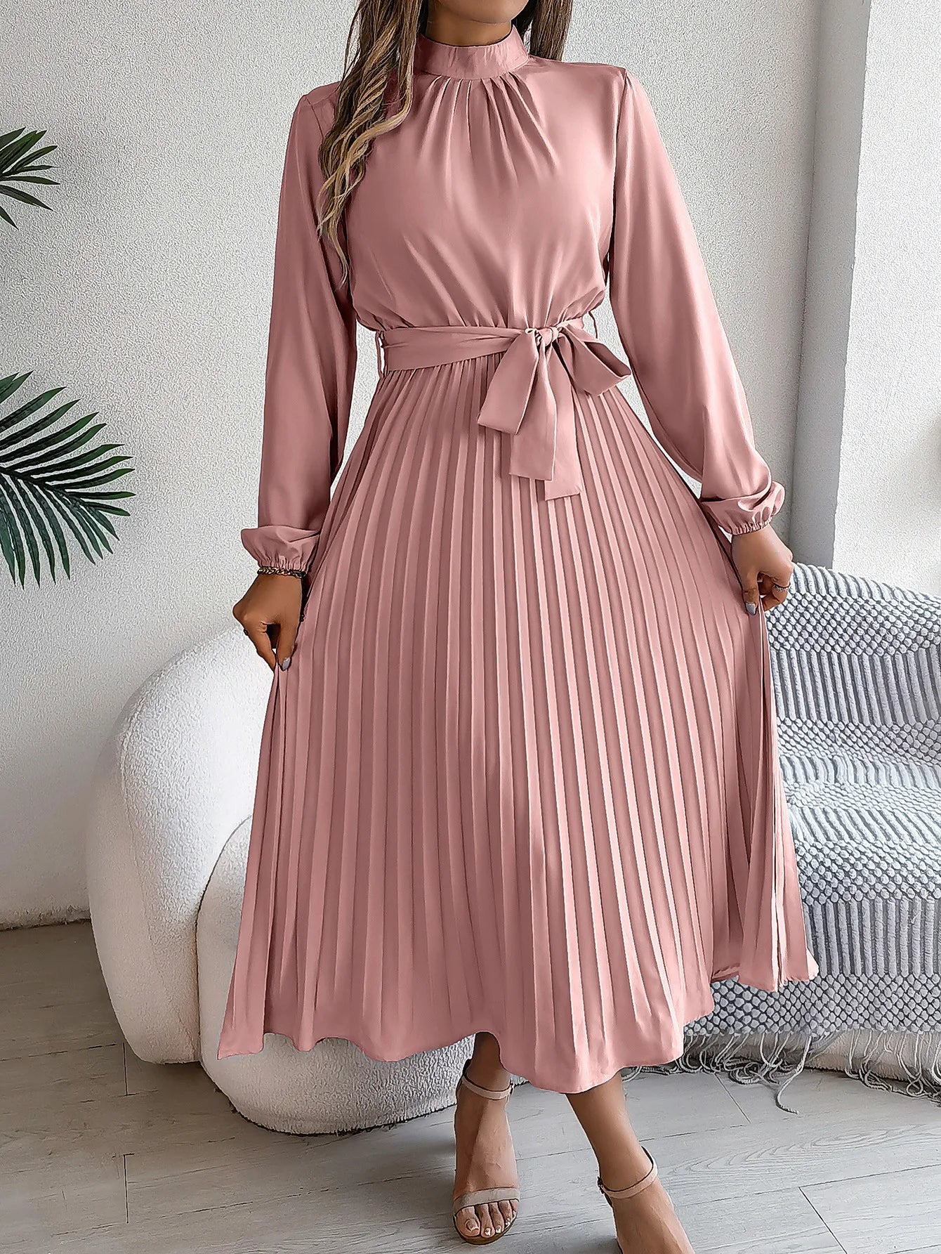 Elegant Stand-Up Collar Pleated Long Dress