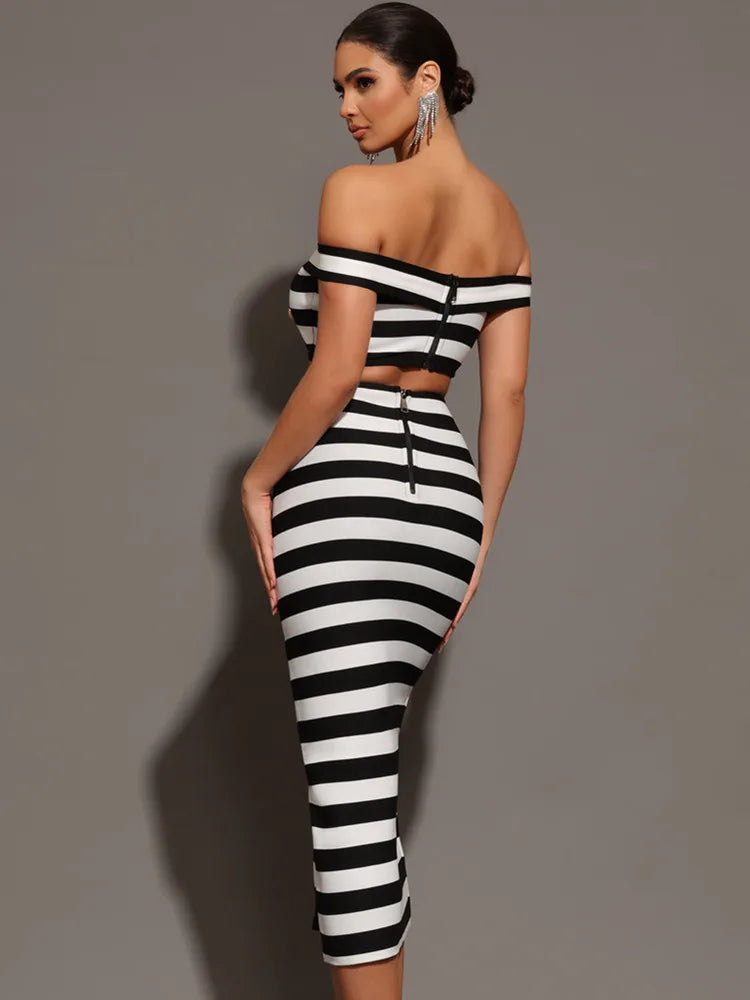 Striped Off-Shoulder Two-Piece Mini Set