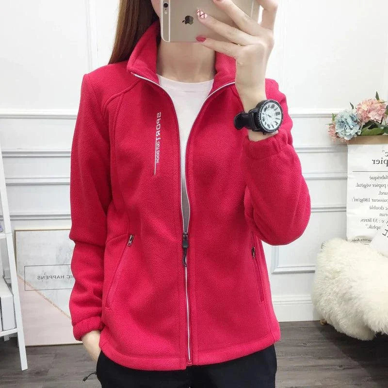 Plus size women’s red fleece coat for winter and spring, casual outdoor sportswear.