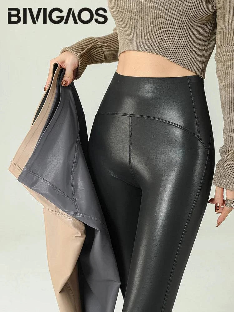 Fall Winter High-Grade Fleece PU Leather Leggings