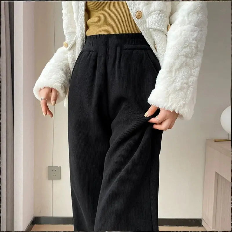 Winter Warm Lambswool High Waist Wide Leg Pants for Women