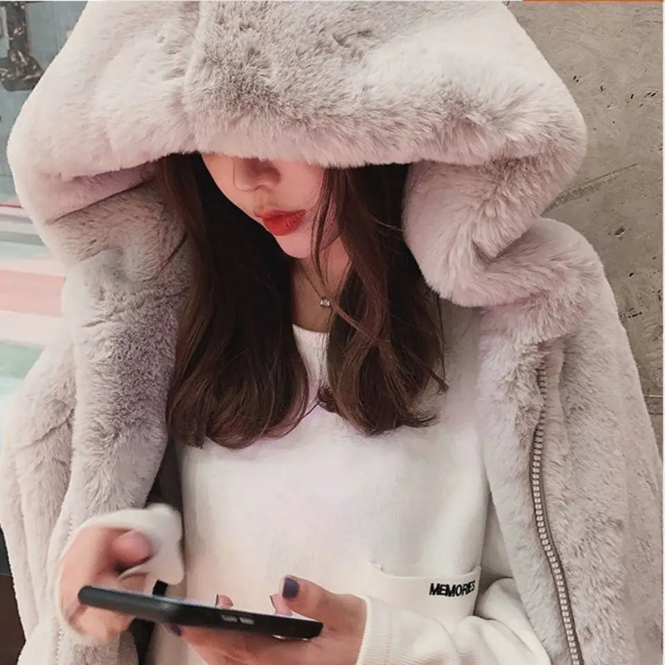 Women's Plush Faux Rabbit Fur Hooded Coat