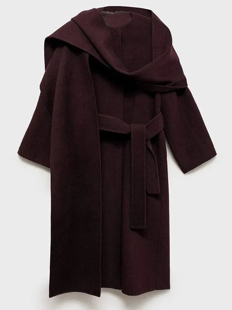 Fashion Ancora Red Scarf Collar Cape Coat, elegant winter wear with woolen fabric and lace-up details.