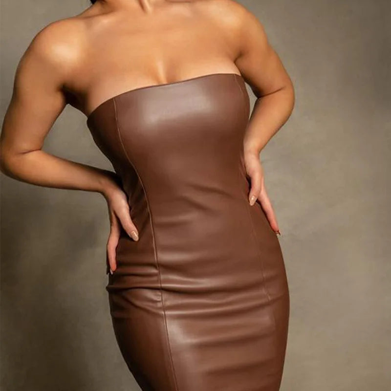 Slim Fit PU Leather Mid-Length Dress