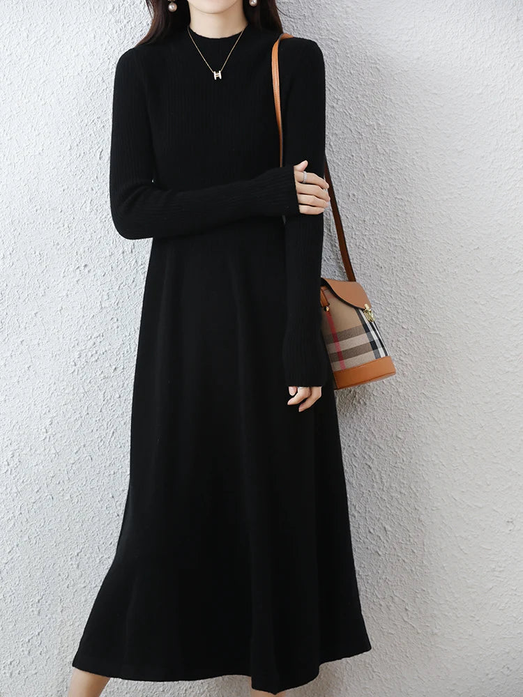 Autumn Winter Women's Wool Mock Neck Dress