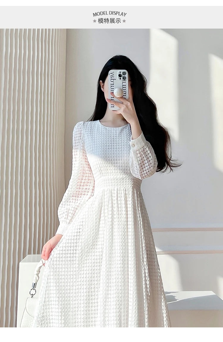 Elegant Lace Long Sleeve White Midi Dress