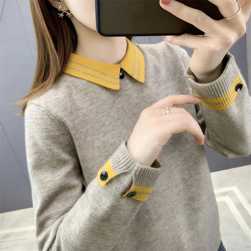 New Autumn Winter Contrast Color Doll Collar Sweater for Women