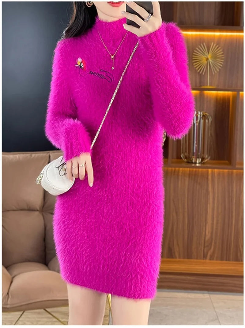 Autumn Winter Imitation Mink Fleece Sweater Dress