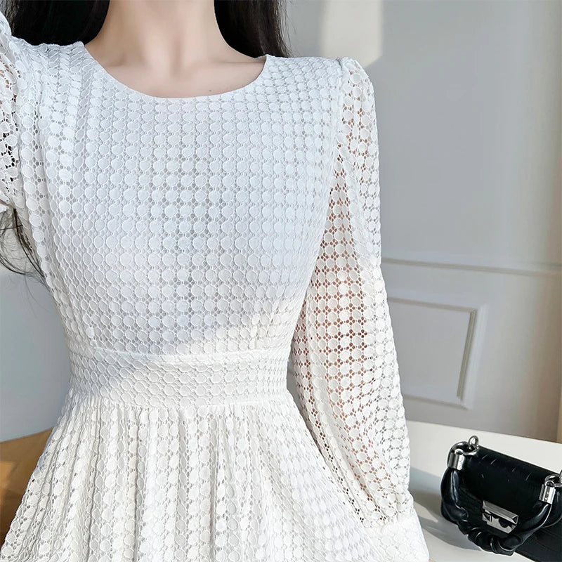 Elegant Lace Long Sleeve White Midi Dress