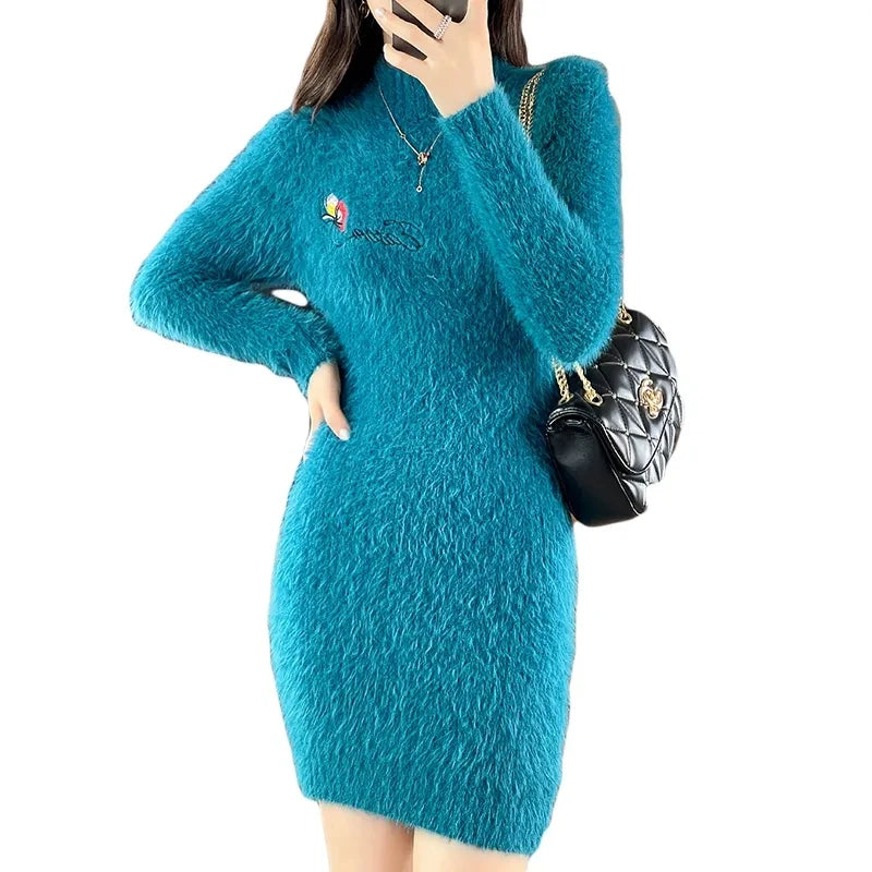 Autumn Winter Imitation Mink Fleece Sweater Dress