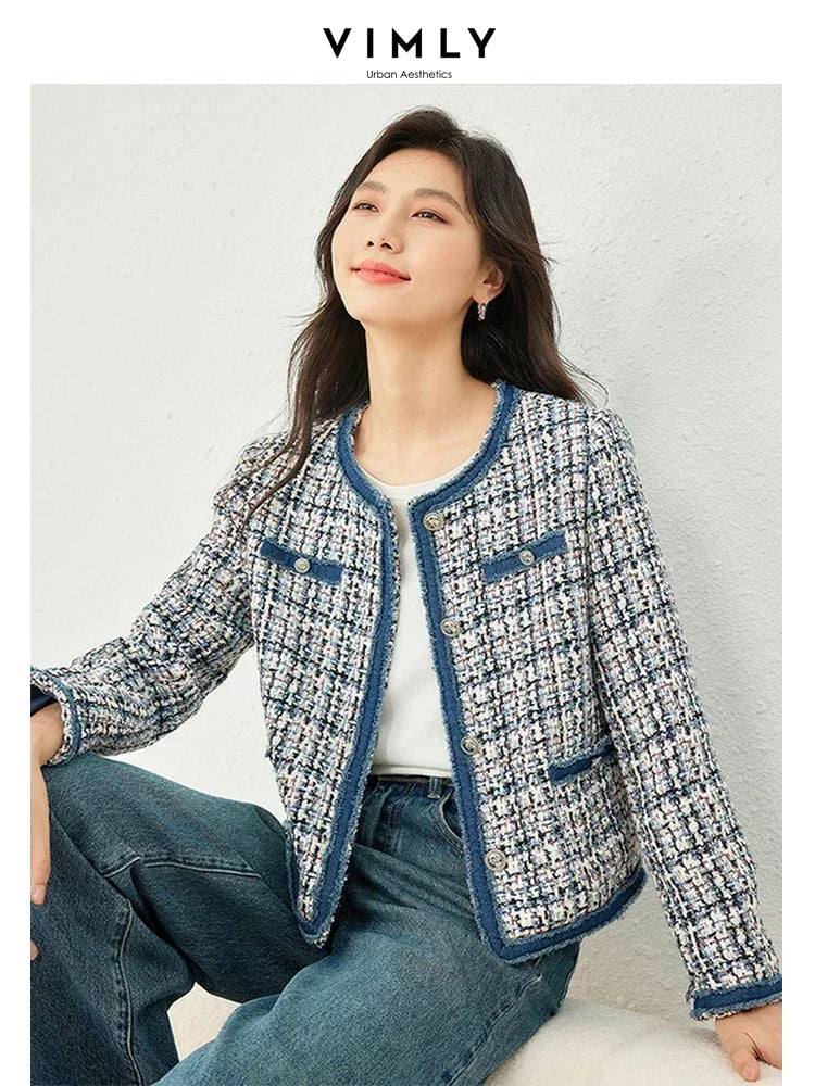 Vimly Plaid Tweed Cropped Jacket for Women