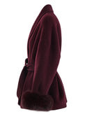 Switch ZMEENNA Wine Red Fur Cuff Belted Woolen Coat for Women 2 image