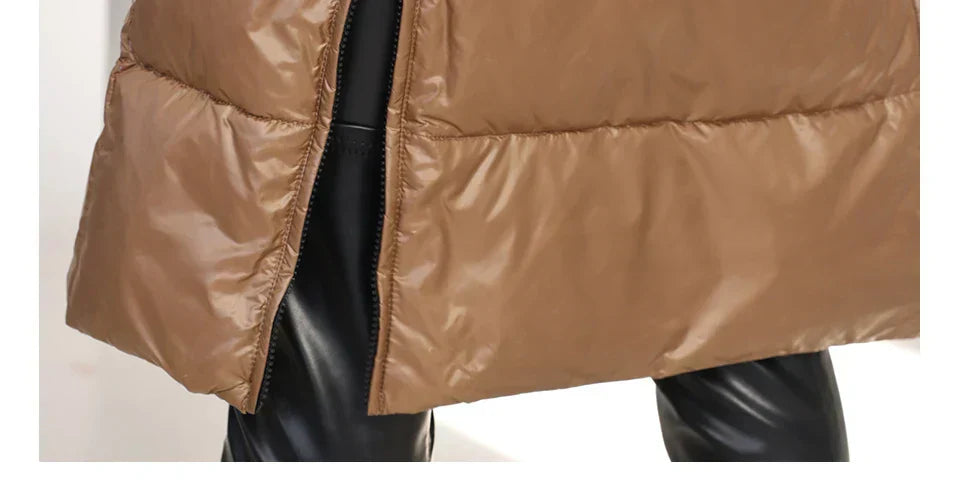 Brown women's long quilted winter jacket with zipper closure, warm and windproof design.