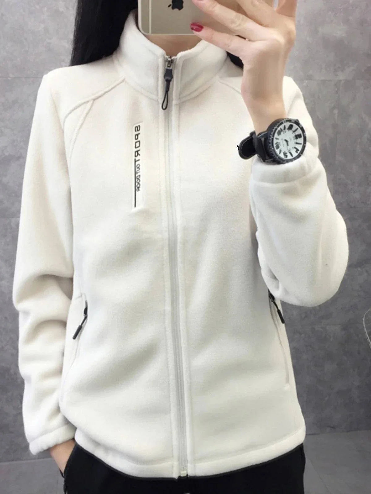 Plus size women's white fleece coat, warm outdoor sportswear jacket for hiking and jogging.