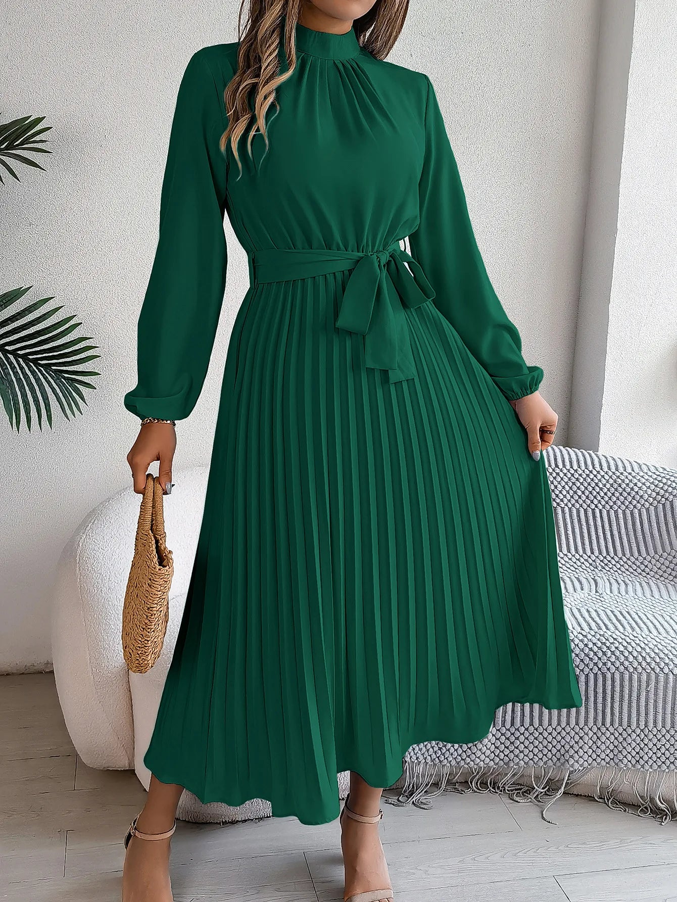 Elegant Stand-Up Collar Pleated Long Dress