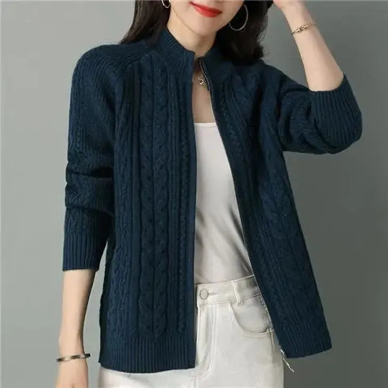 Half High Collar Zipper Knitted Cardigan Jacket for Women