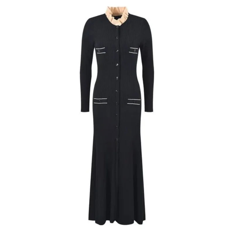 New Autumn Winter Women's V Neck Knitted Long Sleeve Dress