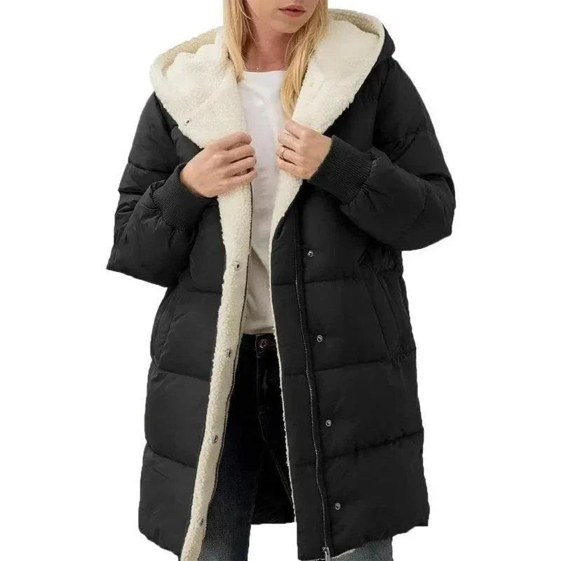 Cotton-padded double-sided velvet fleece parka, hooded slim-fit winter coat for women.