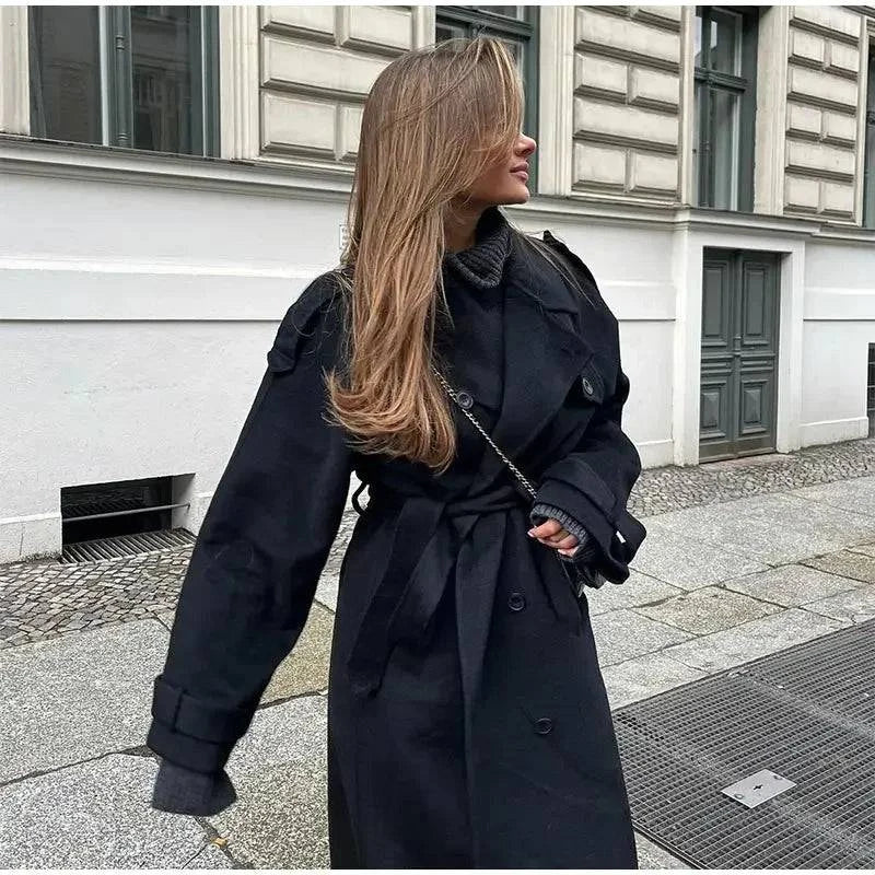 Elegant Black Woolen Long Coat with Belt