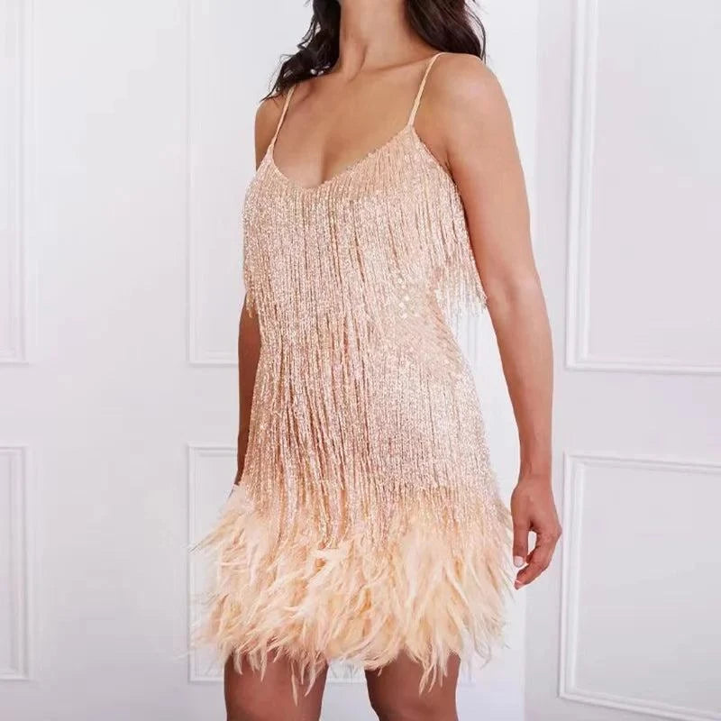 Sexy Tassel Sequins Feather Mini Dress