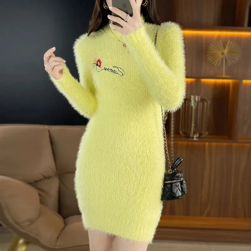 Autumn Winter Imitation Mink Fleece Sweater Dress