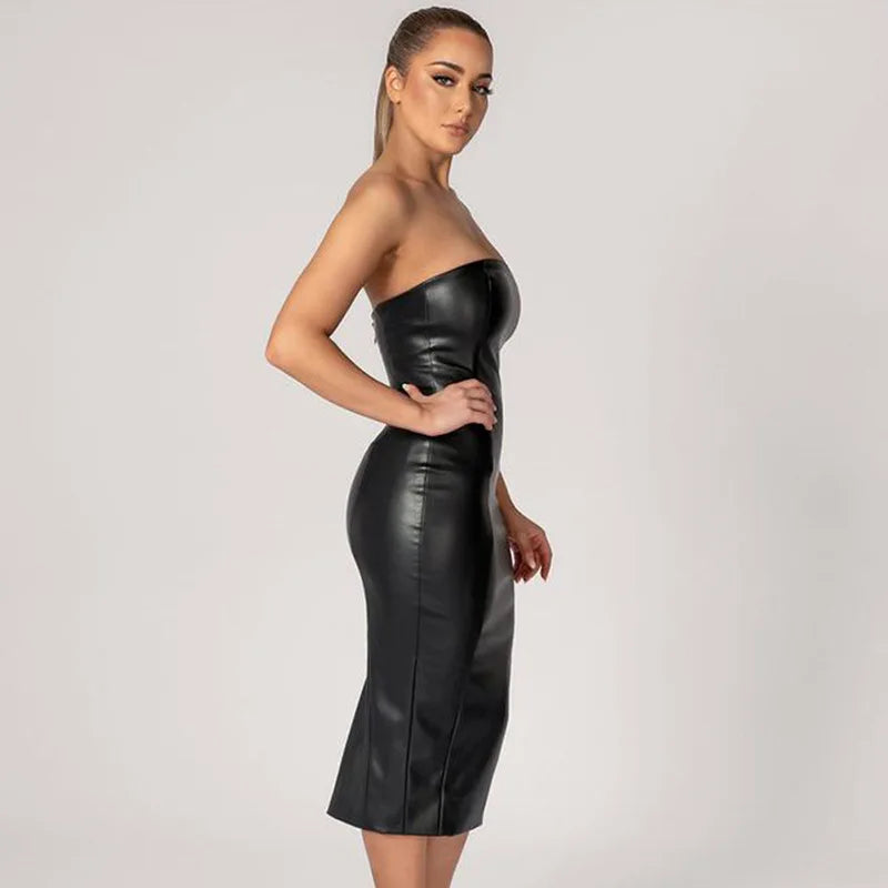 Slim Fit PU Leather Mid-Length Dress