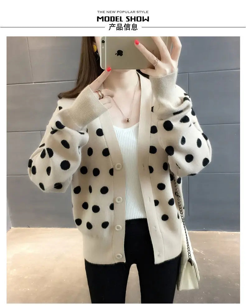 Women’s Autumn Winter Polka Dot V-neck Knitting Cardigan | Alfadarling