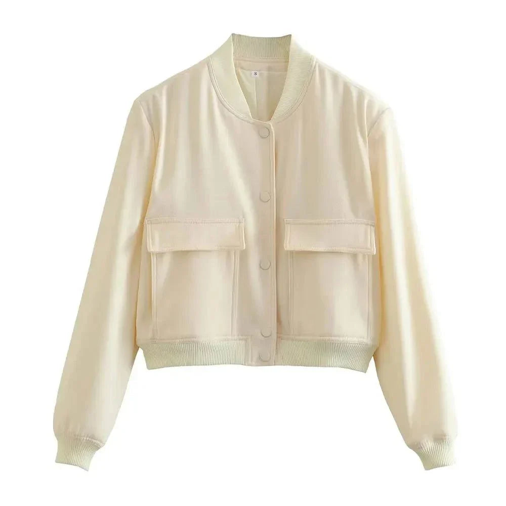 Women's vintage long sleeve bomber jacket with pockets and front button closure.