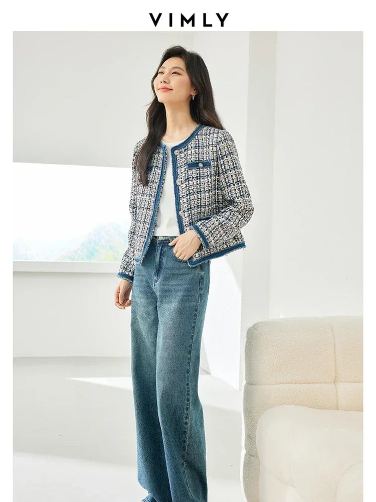 Vimly Plaid Tweed Cropped Jacket for Women