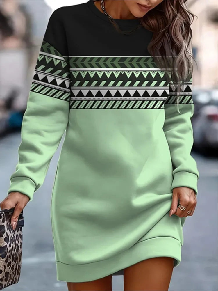 Fashion Print O Neck Sweatshirt Dress for Women