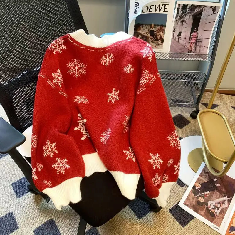 Christmas Snowflake Sweater Women Jumper Bow V Neck