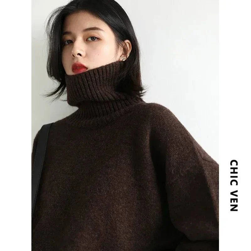 Women's loose turtleneck pullover knitwear, solid color, warm autumn winter sweater.