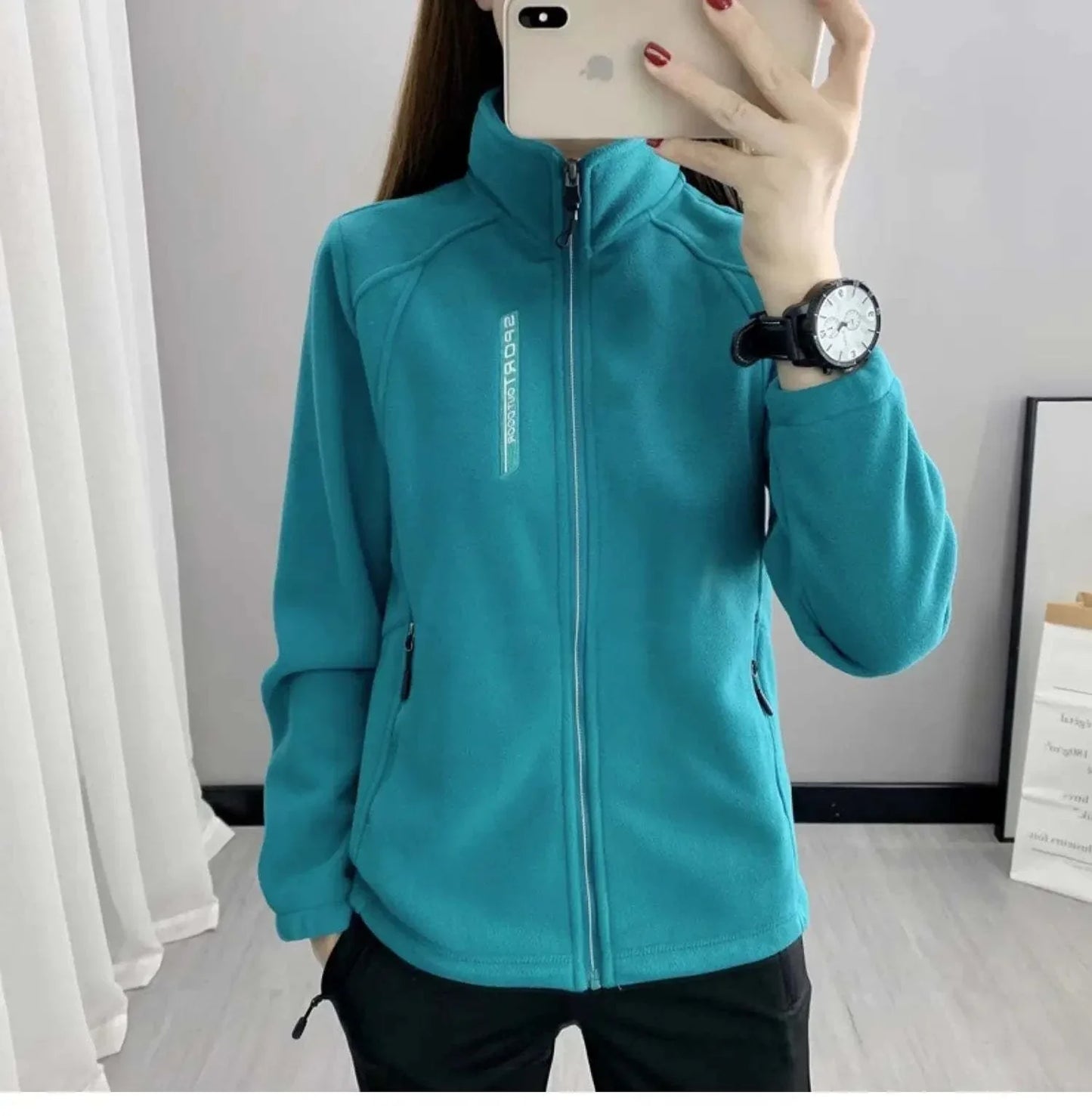 Plus size fleece coat for women, warm and stylish for winter and spring activities, perfect for outdoor sports like hiking, jogging, and yoga.