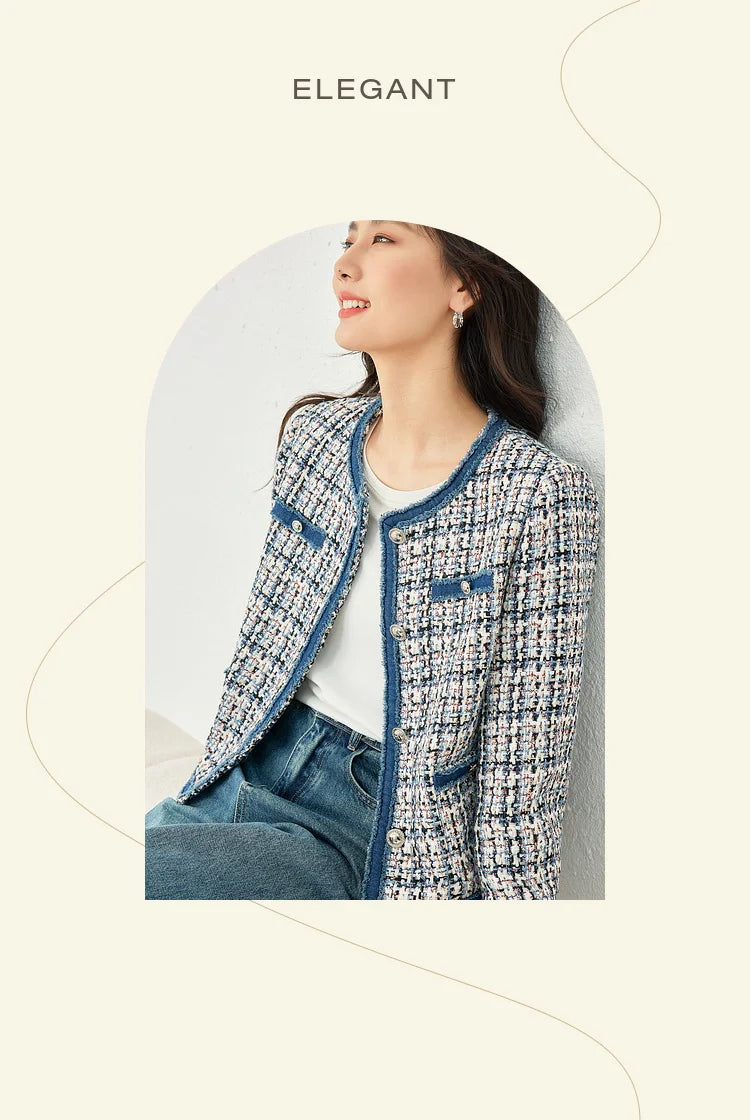 Vimly Plaid Tweed Cropped Jacket for Women