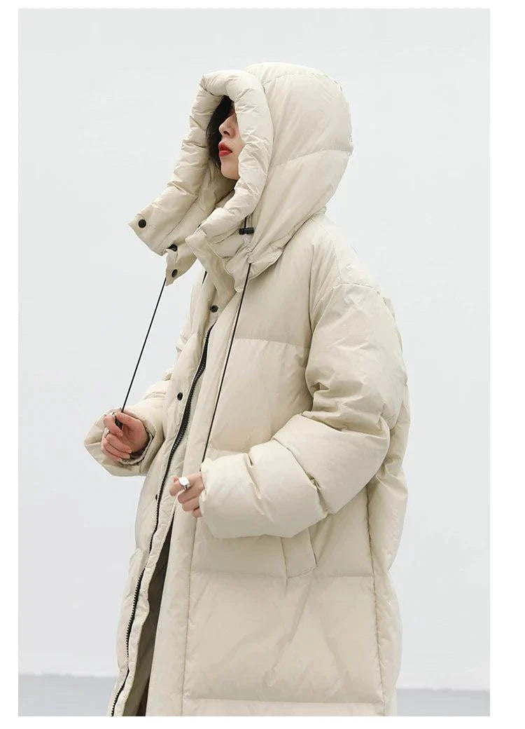 Women's Korean loose hooded long winter down coat, thick and warm.