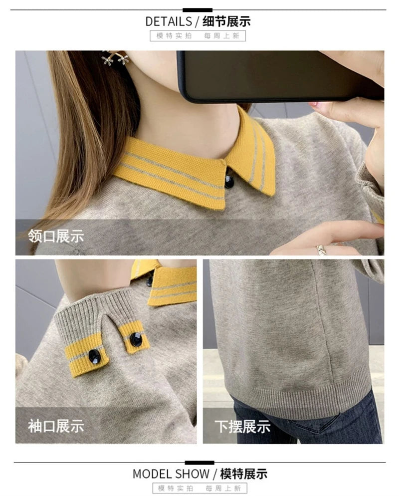 New Autumn Winter Contrast Color Doll Collar Sweater for Women