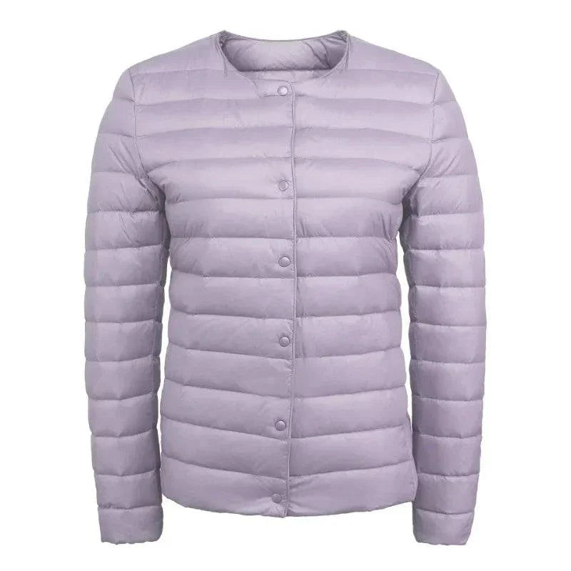 Ultralight warm women’s puffer jacket by Alfadarling, collarless with an O-neck design, ideal for layering in spring and winter.