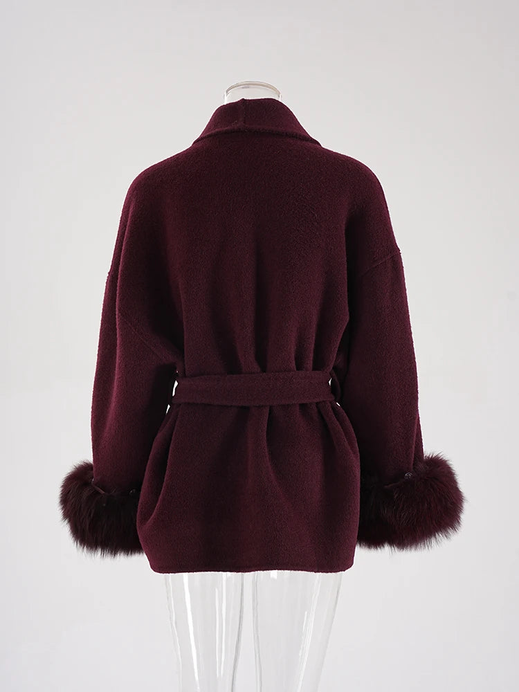 ZMEENNA Wine Red Fur Cuff Belted Woolen Coat for Women