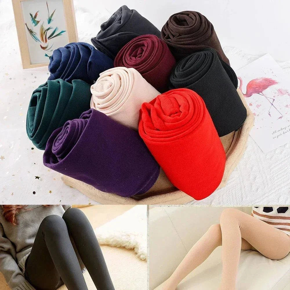 Women’s thermal stockings in various colors, winter warm elastic slim fleece tights, high-waist plush leggings for ultimate comfort and warmth.