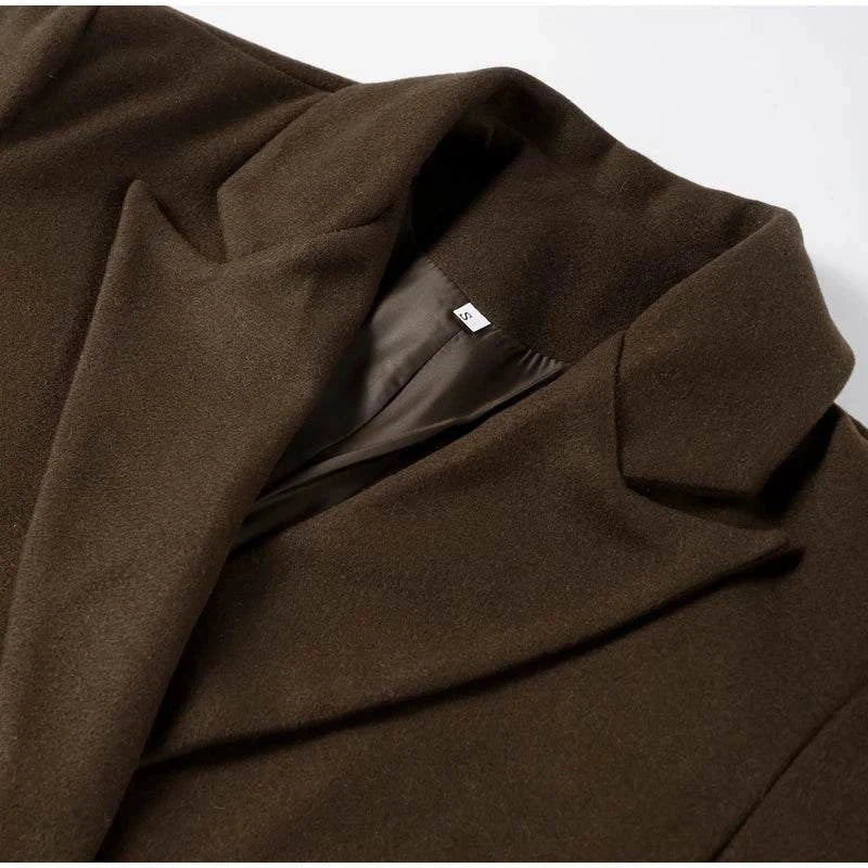 Fashion Women Overcoat - Double Breasted Autumn Winter Jacket, brown wool blend, turn-down collar, close-up.