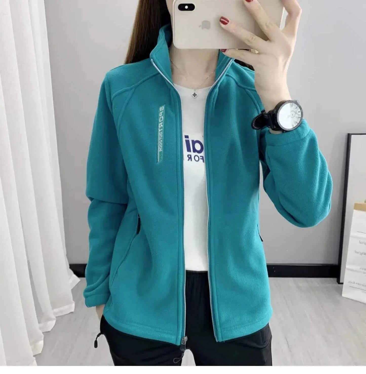 Plus size teal fleece coat for women, casual cardigan jacket for winter and spring outdoor activities.