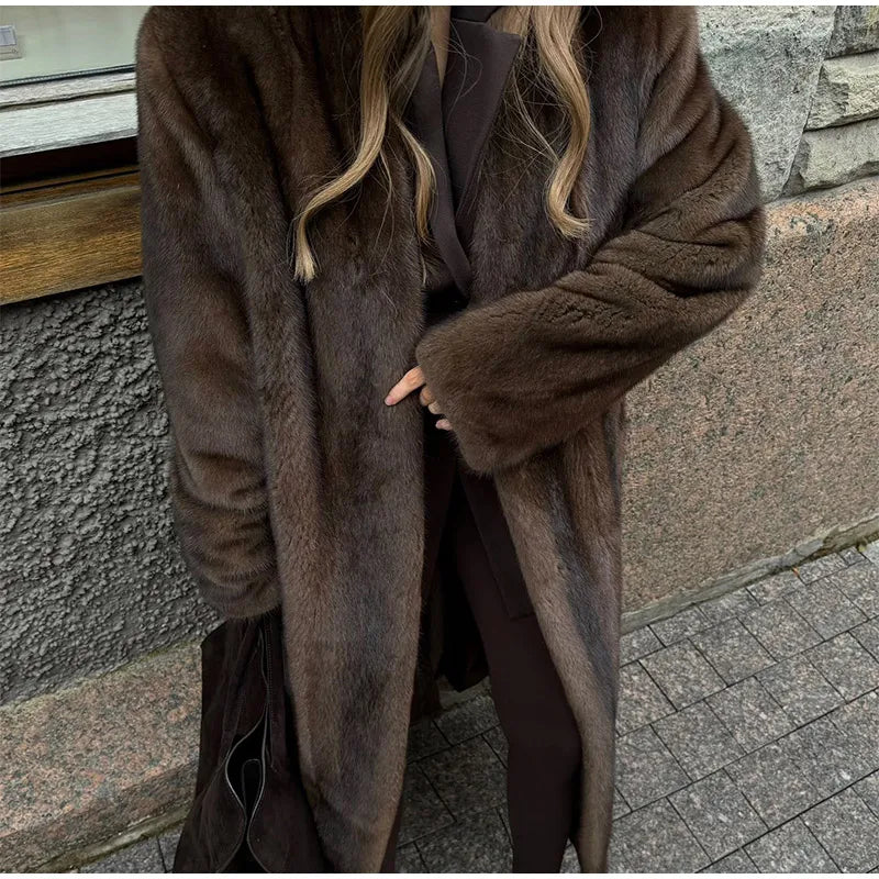 Dark Brown Faux Fur Long Overcoat for Women