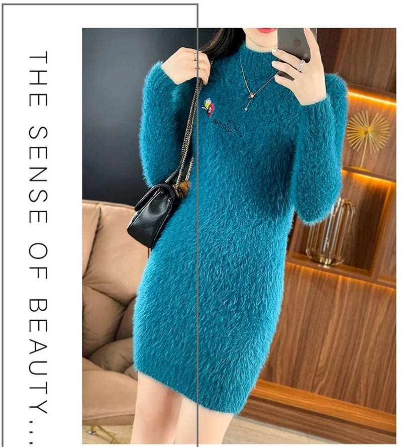 Autumn Winter Imitation Mink Fleece Sweater Dress