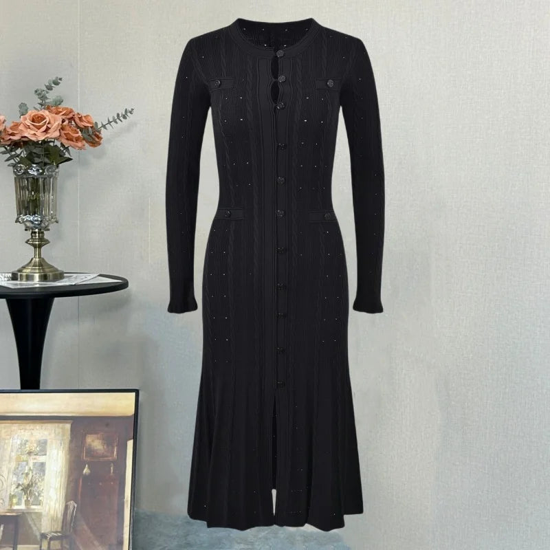 New Autumn Winter Women's V Neck Knitted Long Sleeve Dress