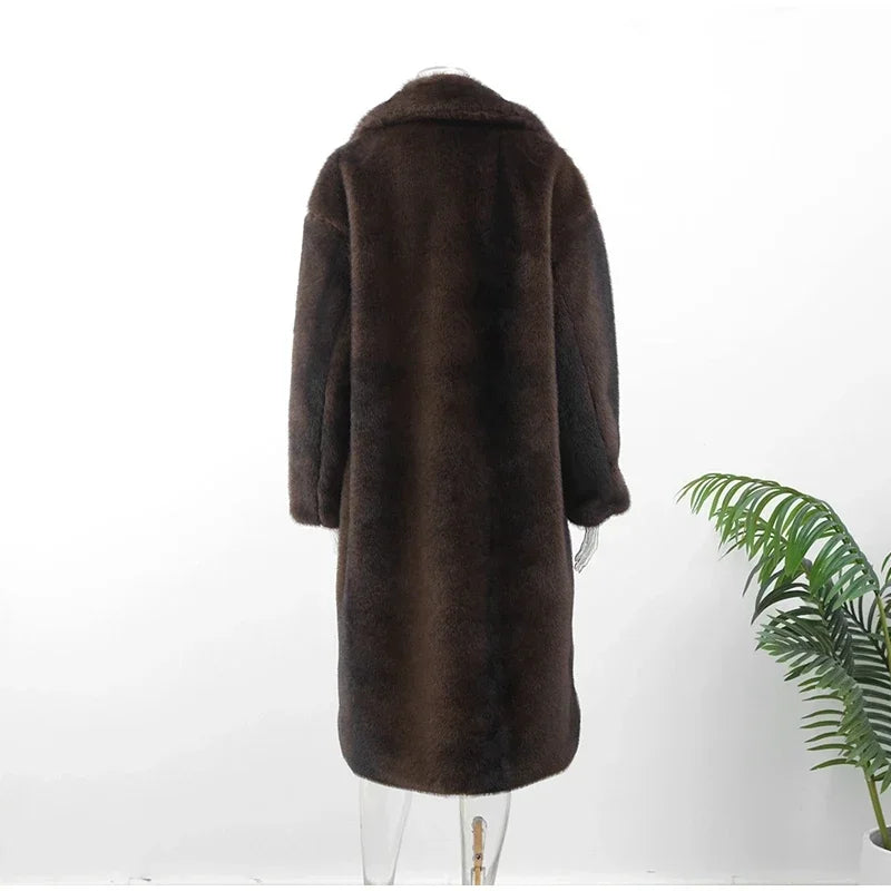 Dark Brown Faux Fur Long Overcoat for Women