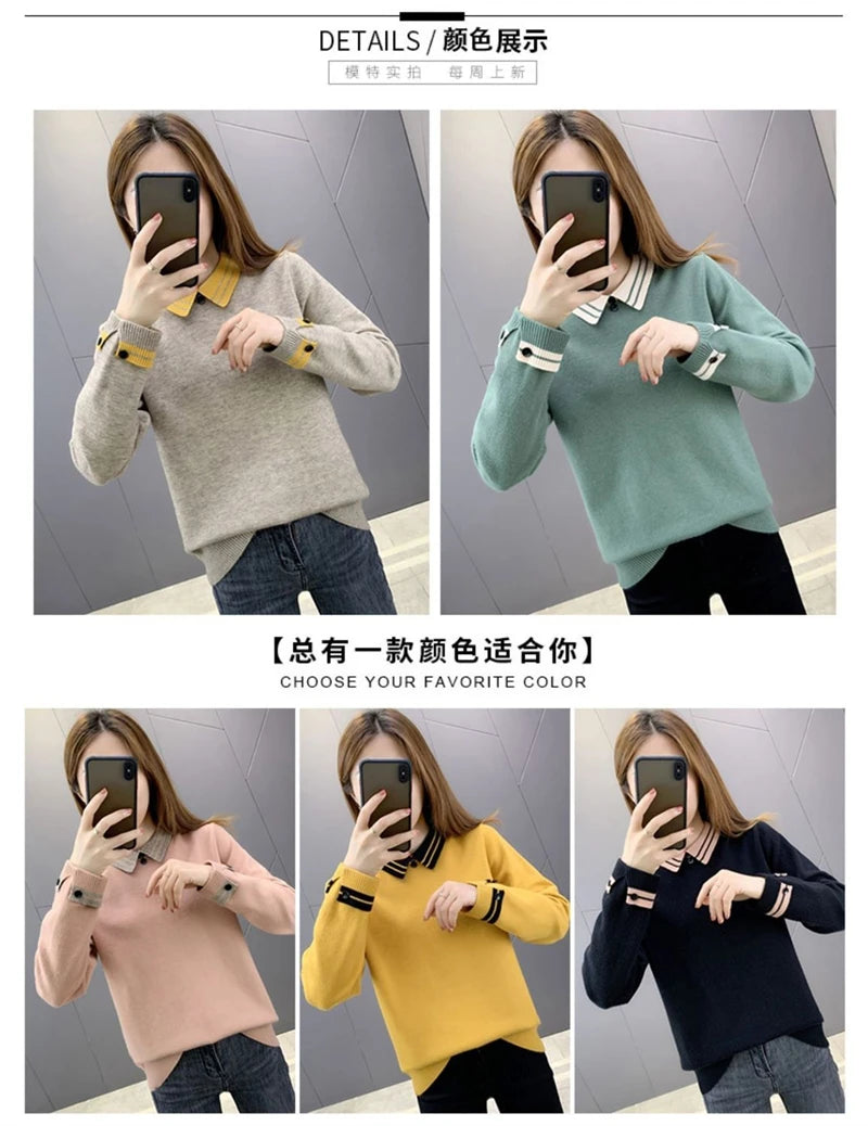 New Autumn Winter Contrast Color Doll Collar Sweater for Women