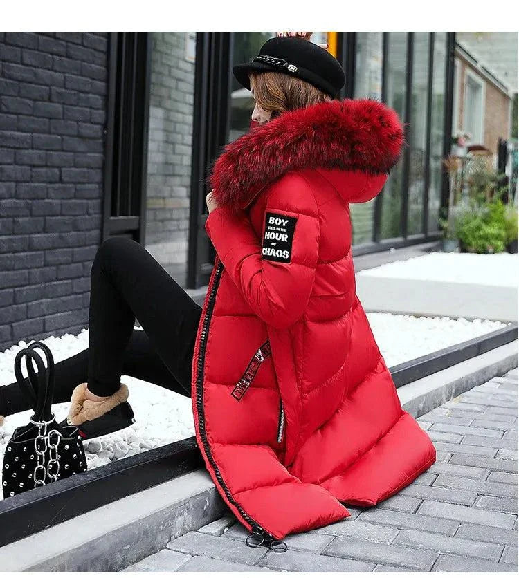 Winter Fashion Jacket Women Fur Collar Hoodie Parka in red, casual zipper style, bubble puffer coat.